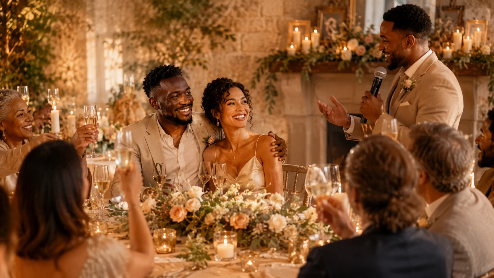 A couple being celebrated while a speaker gives a toast with a microphone.