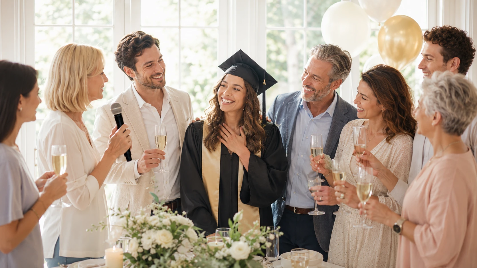 A student being celebrated while a speaker gives a toast with a microphone.