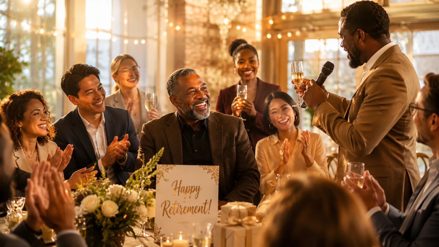 Coworkers celebrating a retiring colleague while someone gives a toast with a microphone.