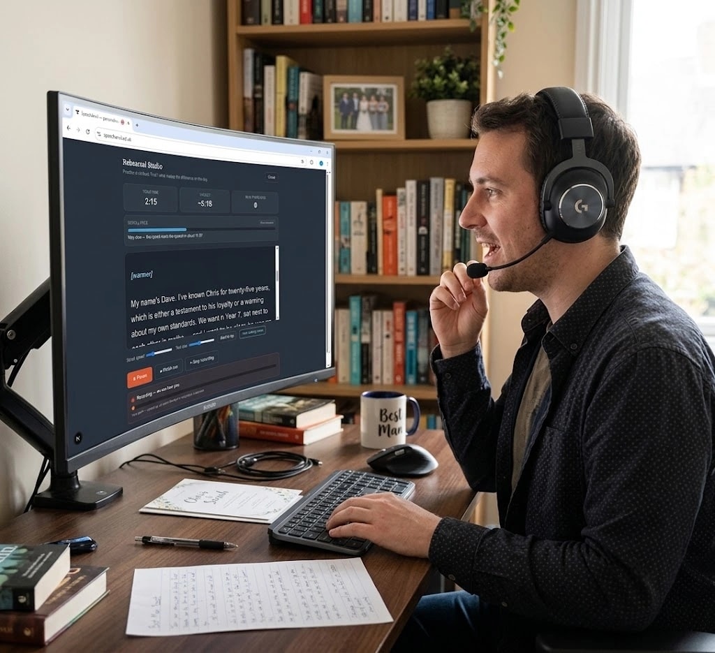 A best man rehearsing his speech at a desk, reading from the SpeechAnvil Rehearsal Studio teleprompter on screen while recording himself through a headset microphone.