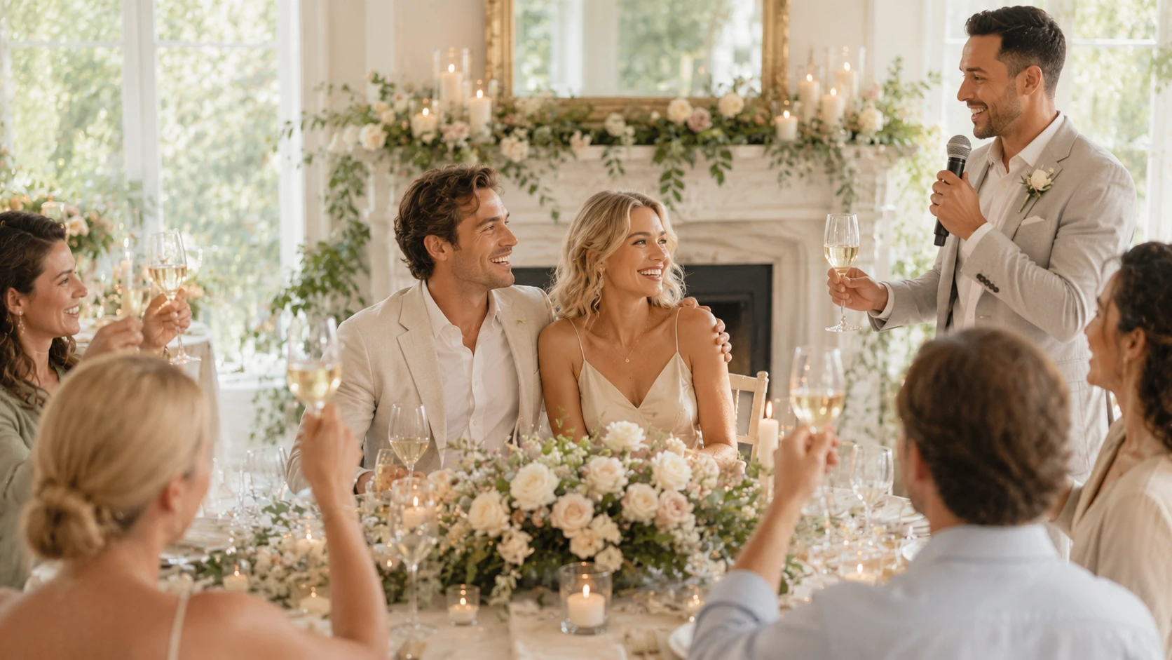 A wedding speech in progress, with a speaker holding a microphone while guests listen warmly.